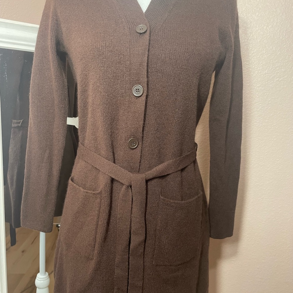 A. Giannetti‎ 100% Merino Wool Belted Cardigan Brown Button Front Pockets Medium